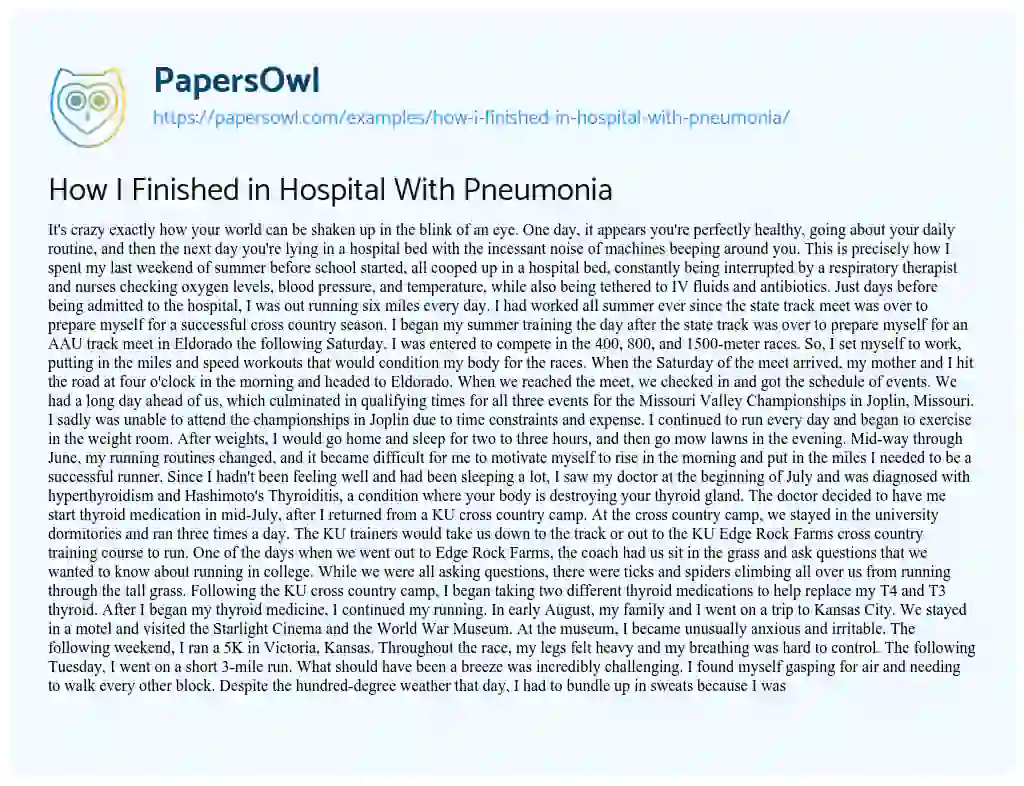 Essay on How i Finished in Hospital with Pneumonia