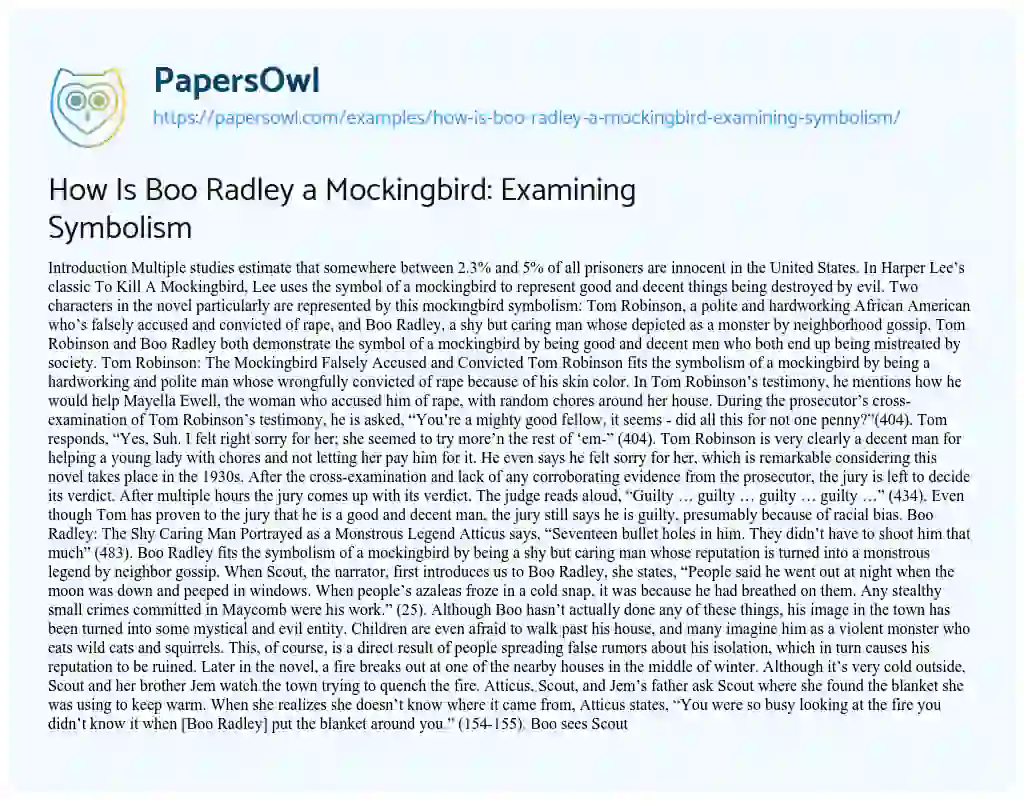 Essay on How is Boo Radley a Mockingbird: Examining Symbolism