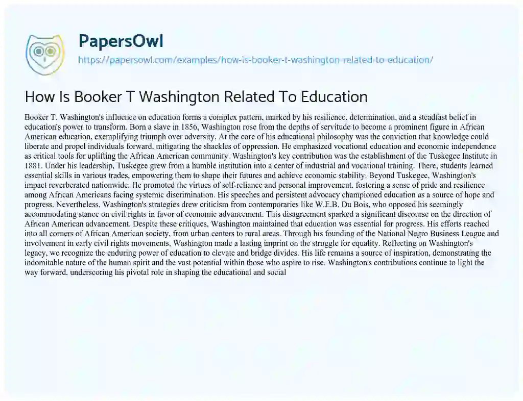 Essay on How is Booker T Washington Related to Education