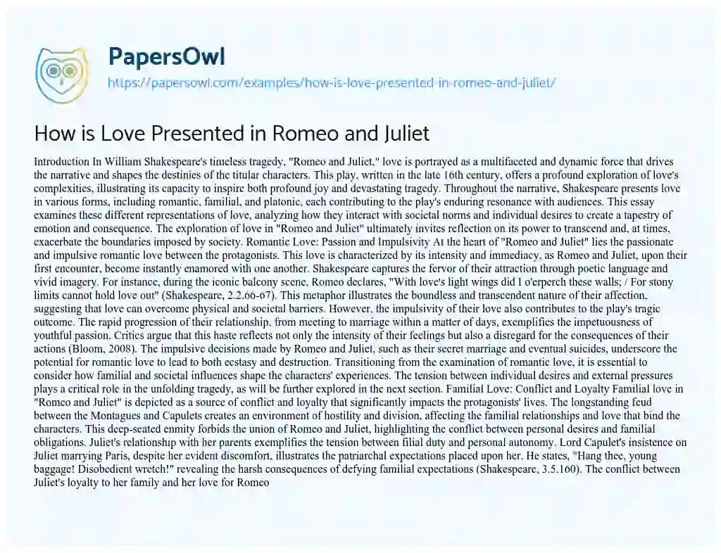 Essay on How is Love Presented in Romeo and Juliet