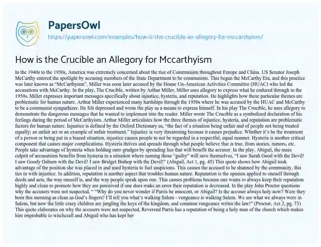Essay on How is the Crucible an Allegory for Mccarthyism