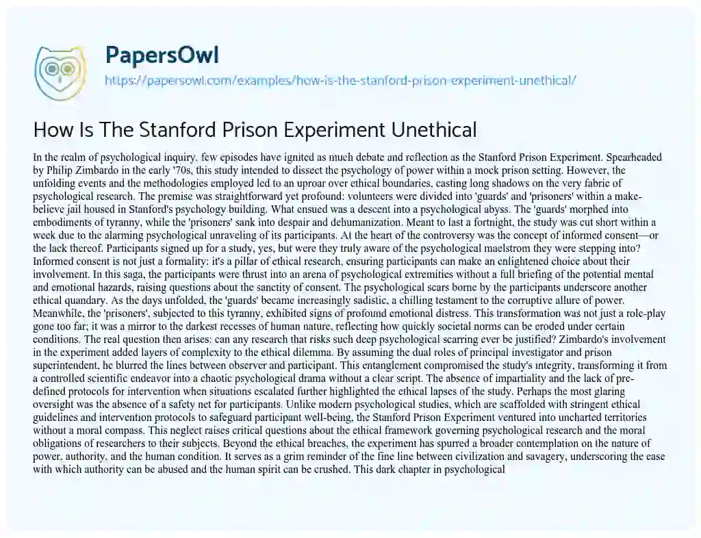 Essay on How is the Stanford Prison Experiment Unethical