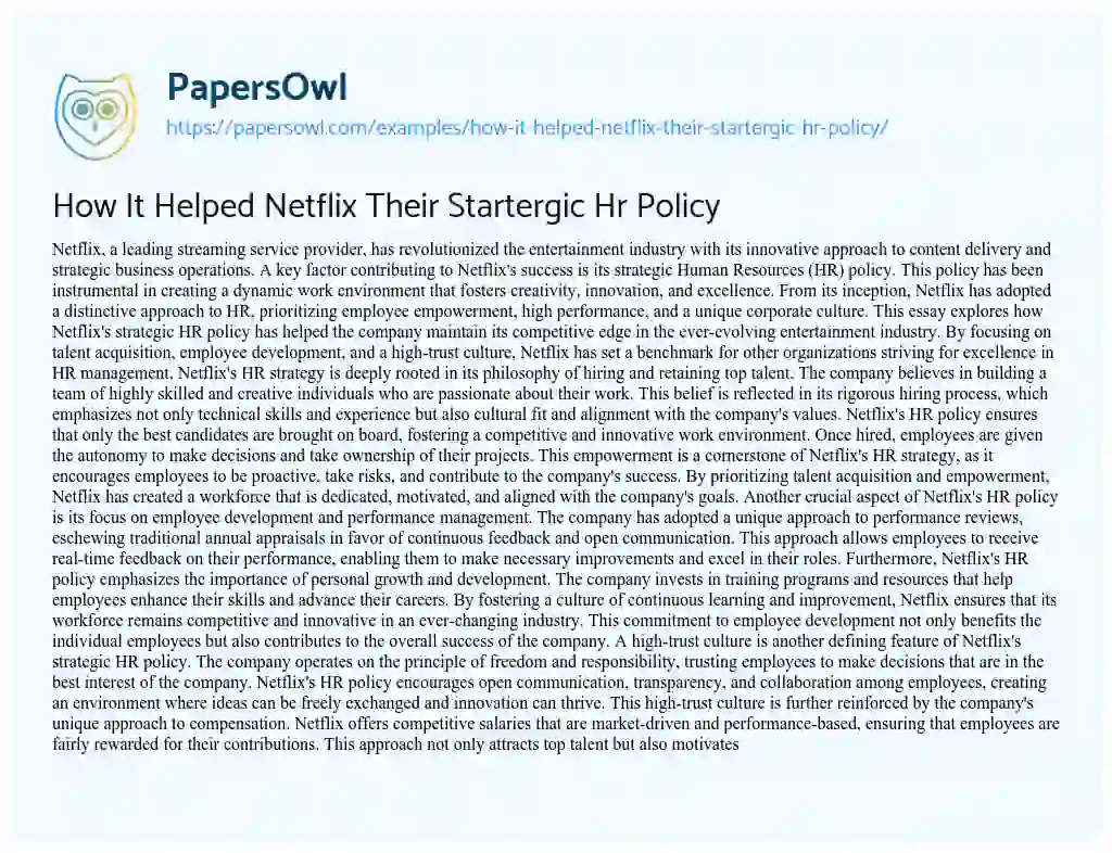 Essay on How It Helped Netflix Their Startergic Hr Policy