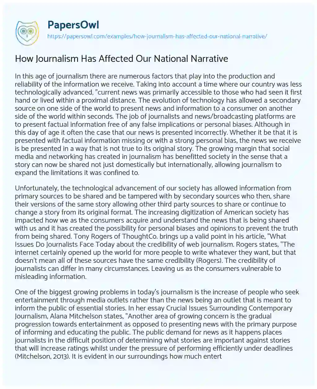 How Journalism has Affected our National Narrative essay
