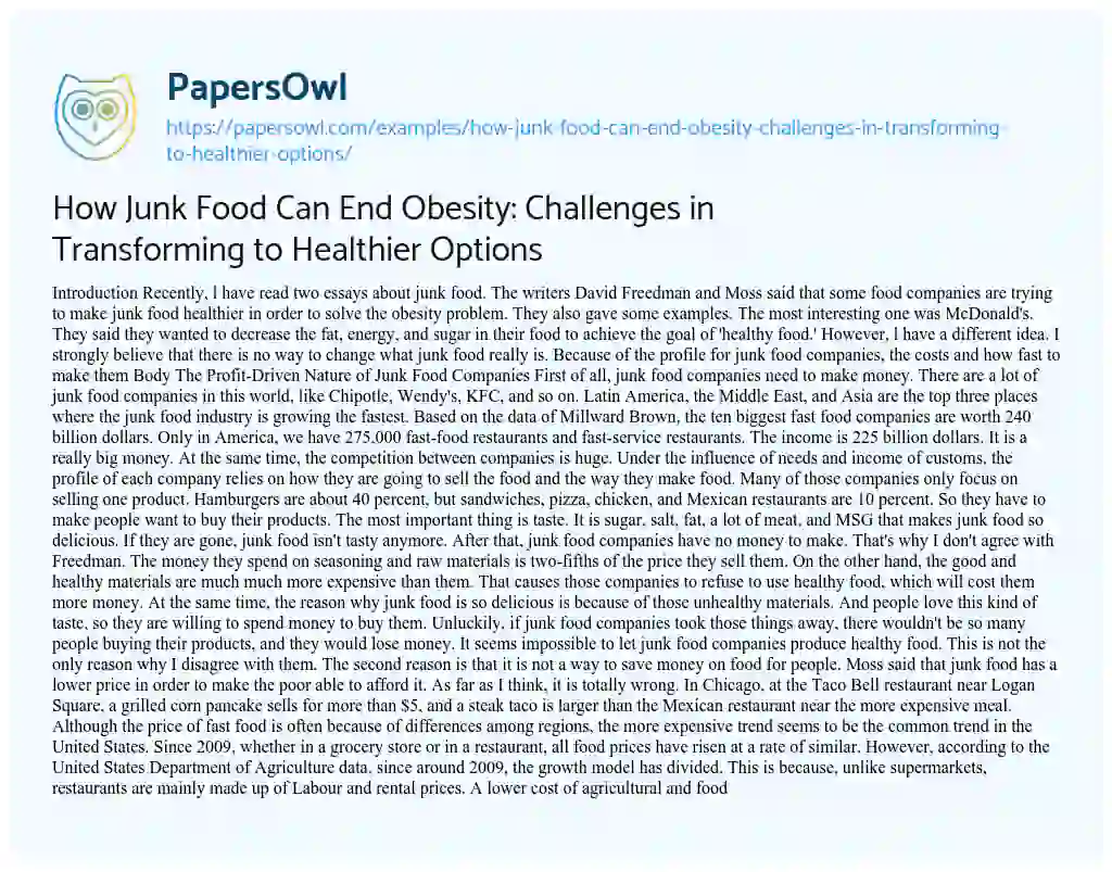 Essay on How Junk Food Can End Obesity: Challenges in Transforming to Healthier Options