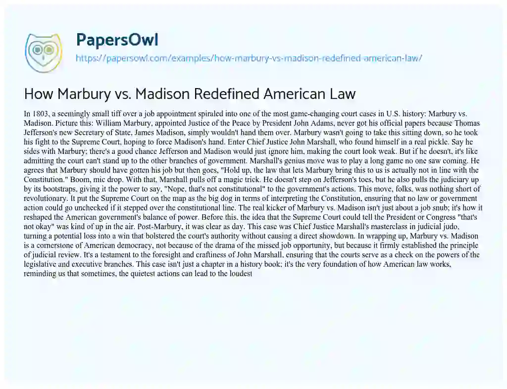 Essay on How Marbury Vs. Madison Redefined American Law