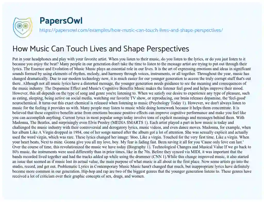 Essay on How Music Can Touch Lives and Shape Perspectives