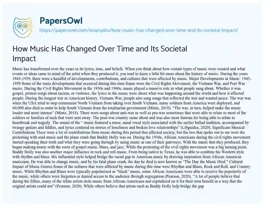 Essay on How Music has Changed over Time and its Societal Impact
