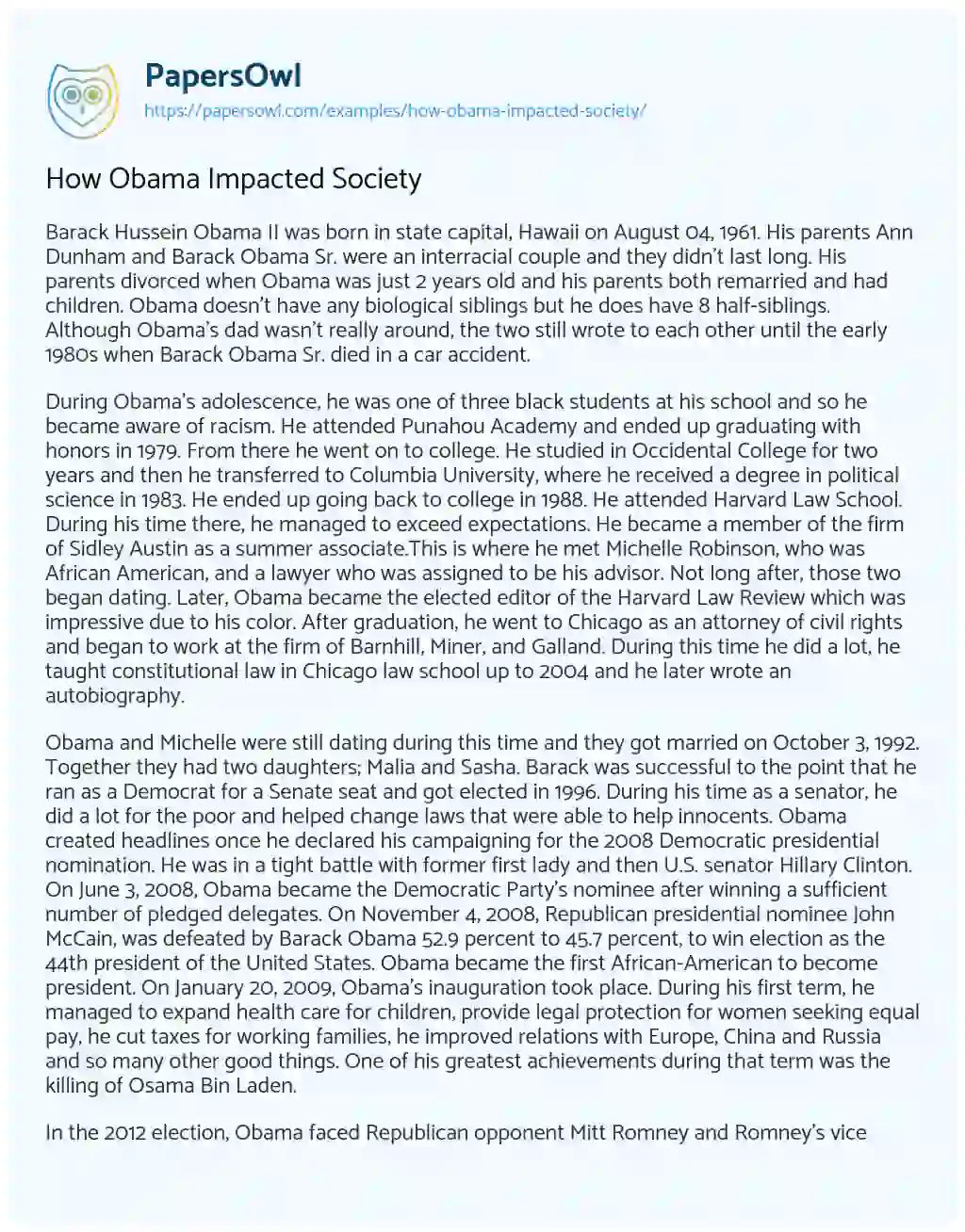 Essay on How Obama Impacted Society