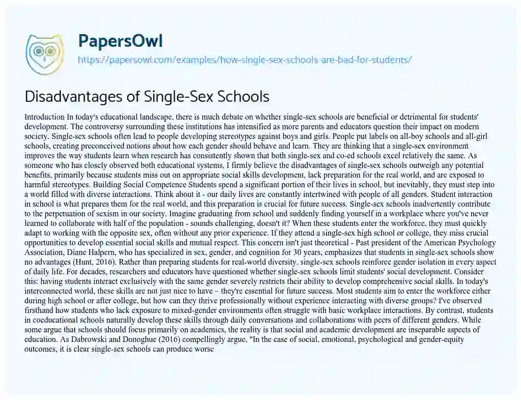 Why We Should Not Have Single-Gender Schools - Free Essay Example - 1622  Words | PapersOwl.com