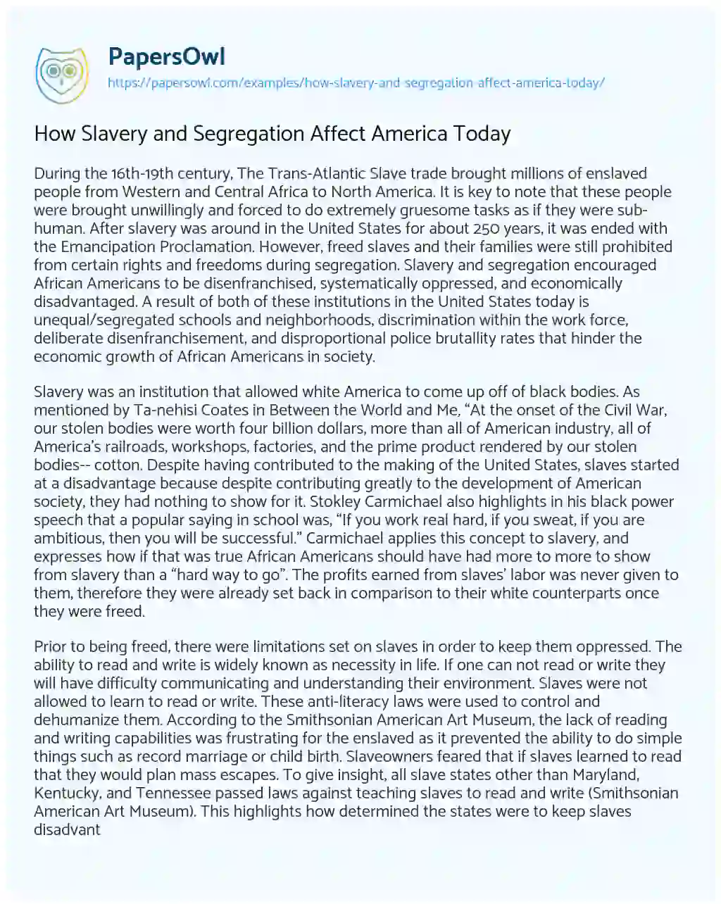 Essay on How Slavery and Segregation Affect America Today