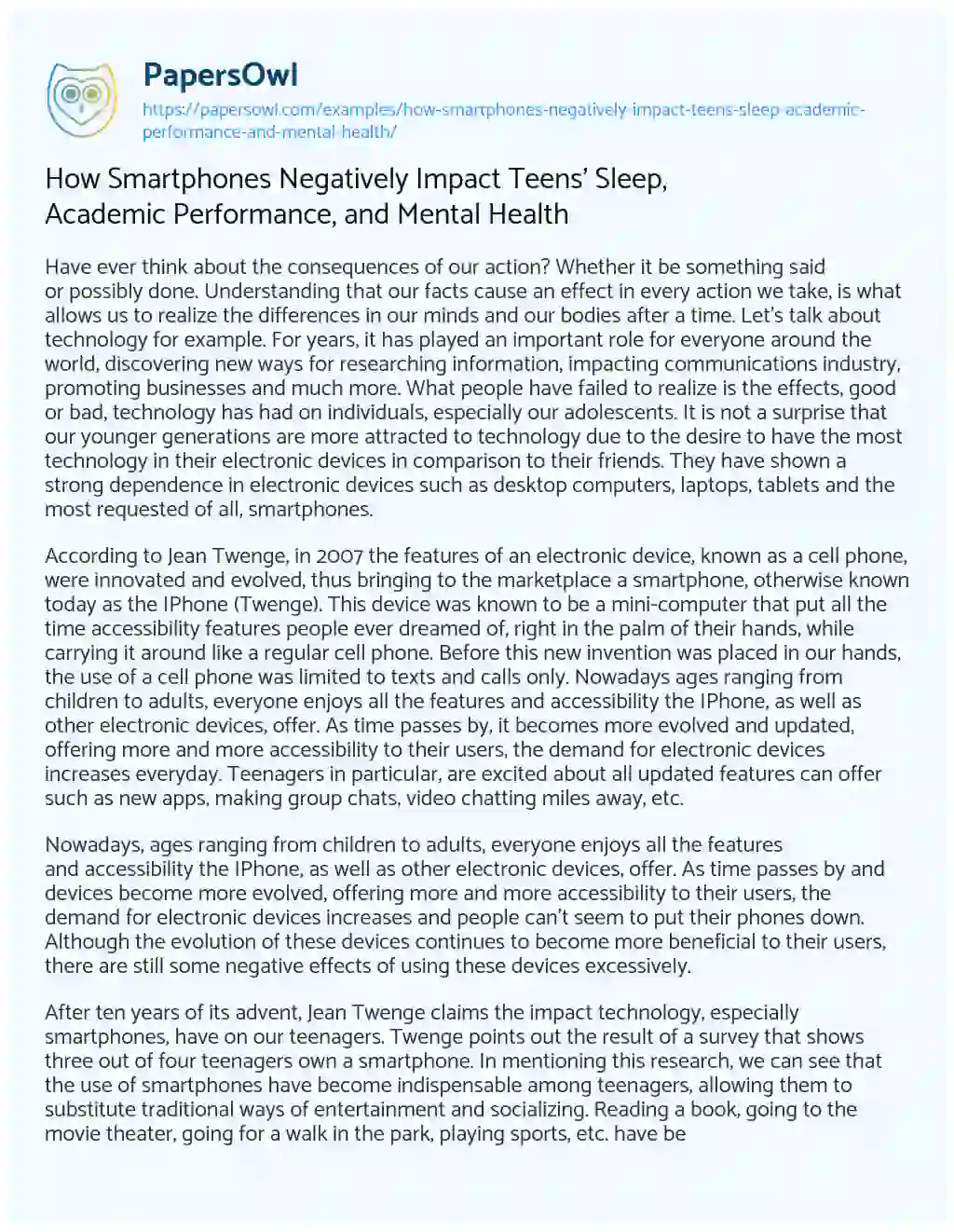 Essay on How Smartphones Negatively Impact Teens’ Sleep, Academic Performance, and Mental Health