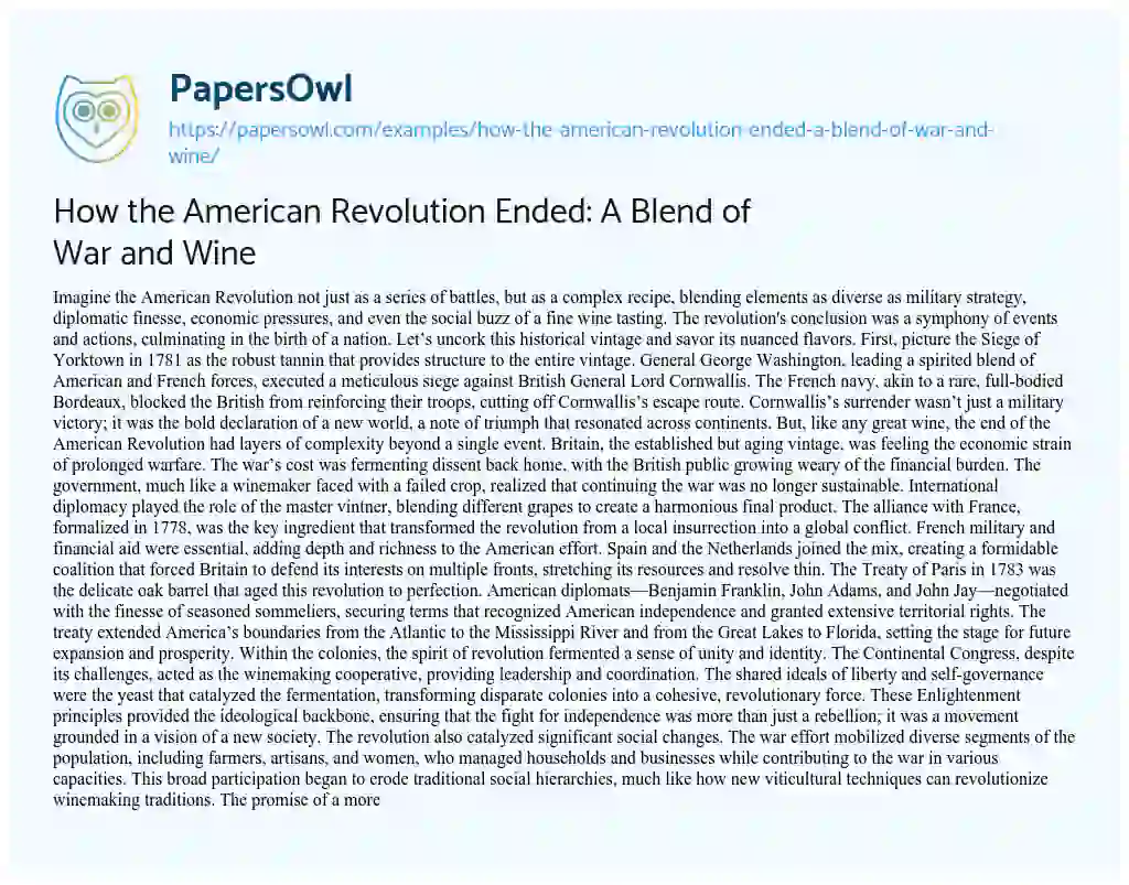 Essay on How the American Revolution Ended: a Blend of War and Wine