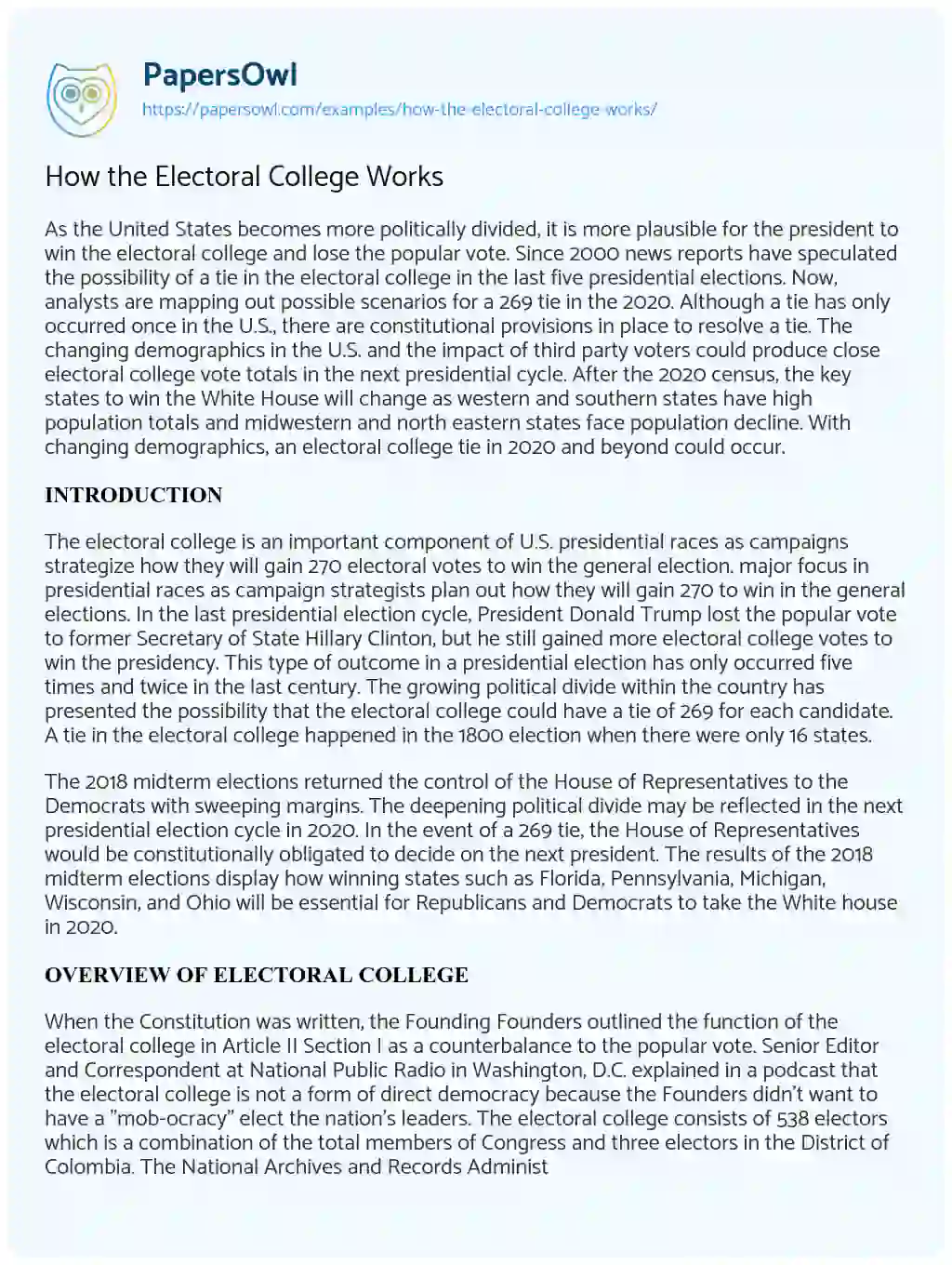 Essay on How the Electoral College Works