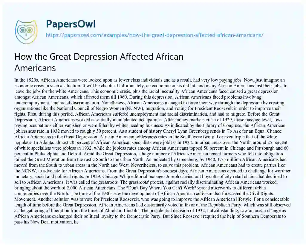 Essay on How the Great Depression Affected African Americans