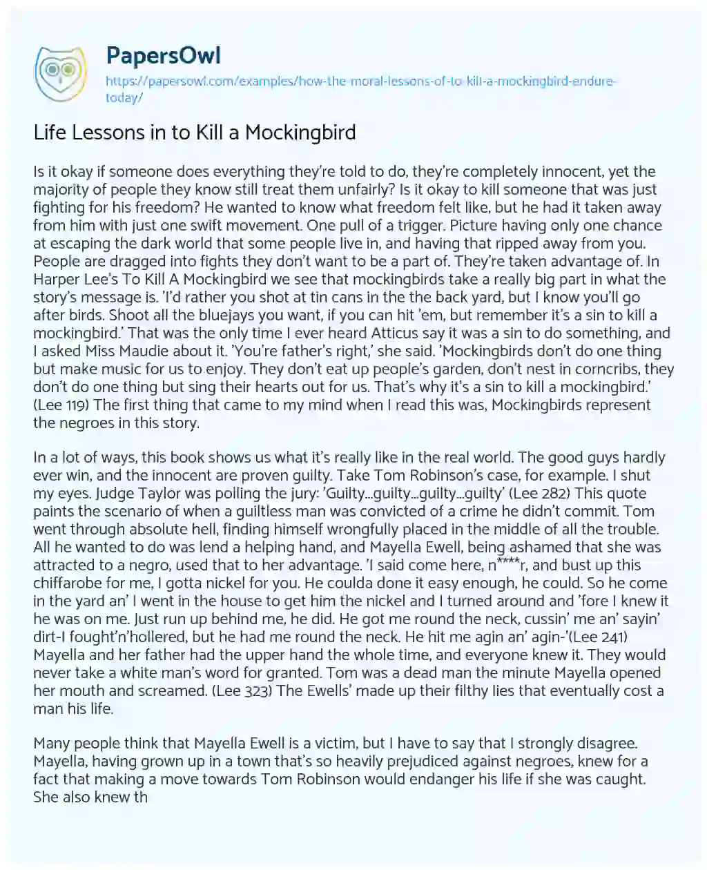 Essay on Life Lessons in to Kill a Mockingbird