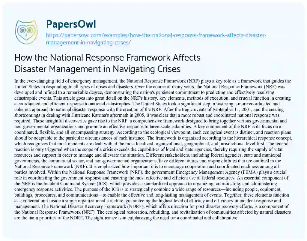 Essay on How the National Response Framework Affects Disaster Management in Navigating Crises