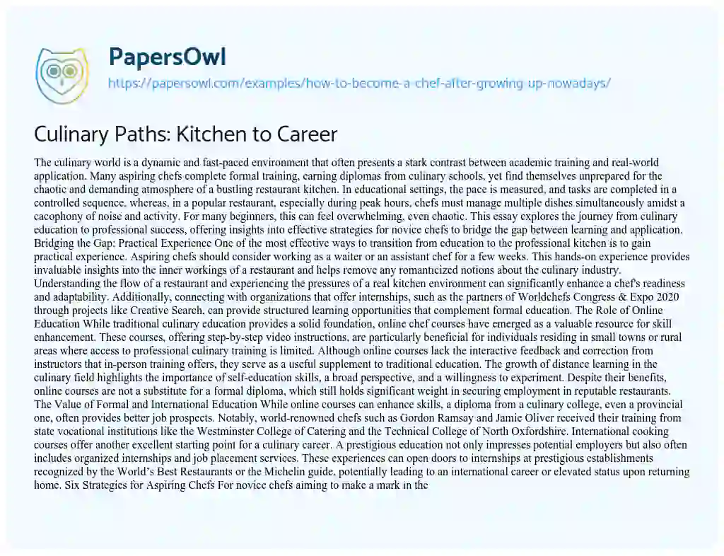 Essay on How to Become a Chef after Growing up Nowadays