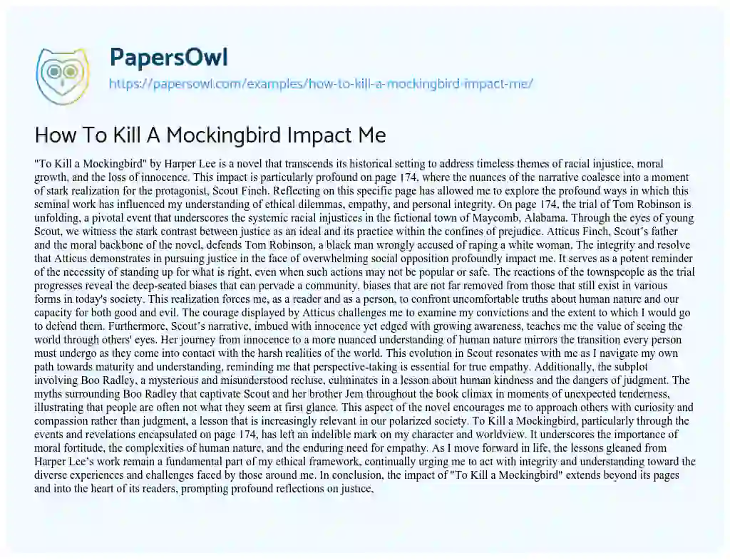 Essay on How to Kill a Mockingbird Impact me