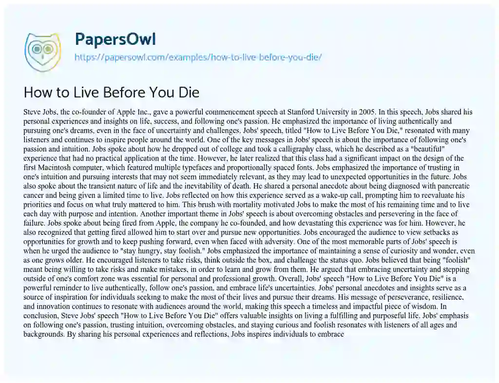 Essay on How to Live Before You Die