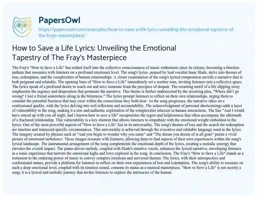 Essay on How to Save a Life Lyrics: Unveiling the Emotional Tapestry of the Fray’s Masterpiece