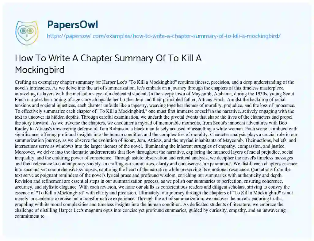 Essay on How to Write a Chapter Summary of to Kill a Mockingbird