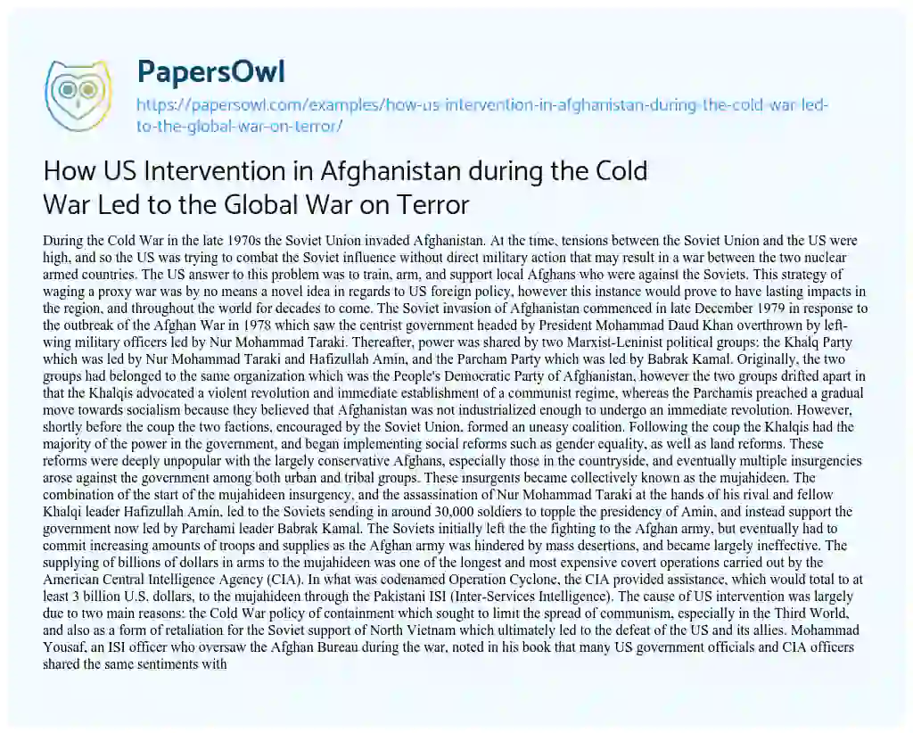 Essay on How US Intervention in Afghanistan during the Cold War Led to the Global War on Terror