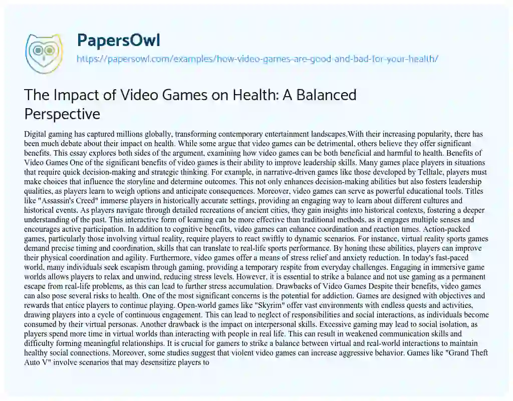 Essay on How Video Games are Good and Bad for your Health?