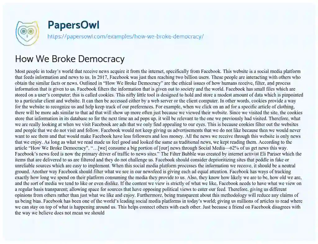 Essay on How we Broke Democracy