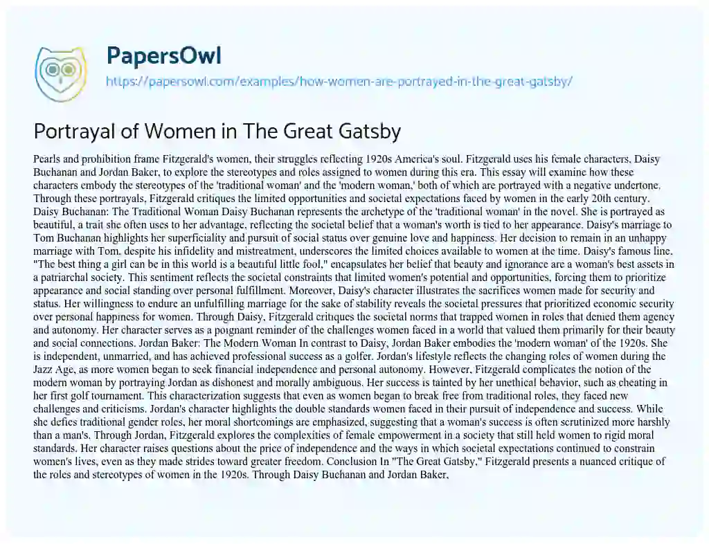 Essay on How are Women Portrayed in the Great Gatsby