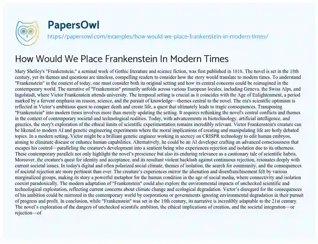 Essay on How would we Place Frankenstein in Modern Times