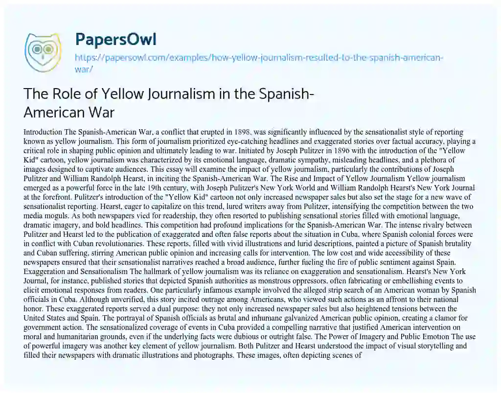 Essay on How Yellow Journalism Resulted to the Spanish-American War