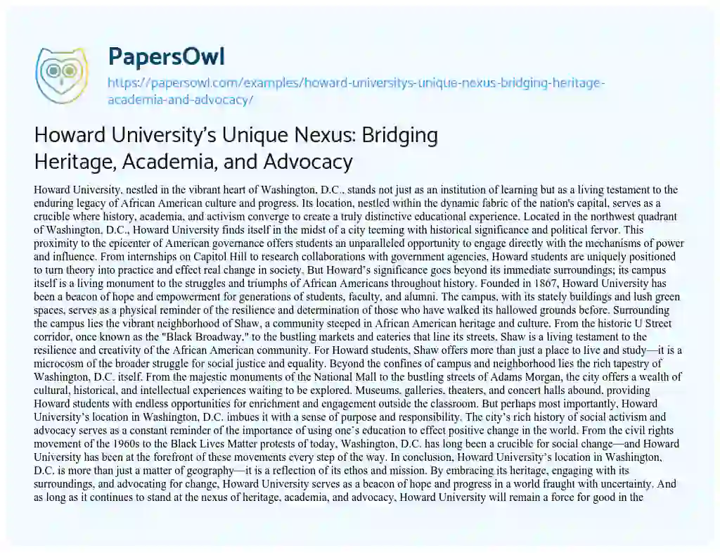 Essay on Howard University’s Unique Nexus: Bridging Heritage, Academia, and Advocacy