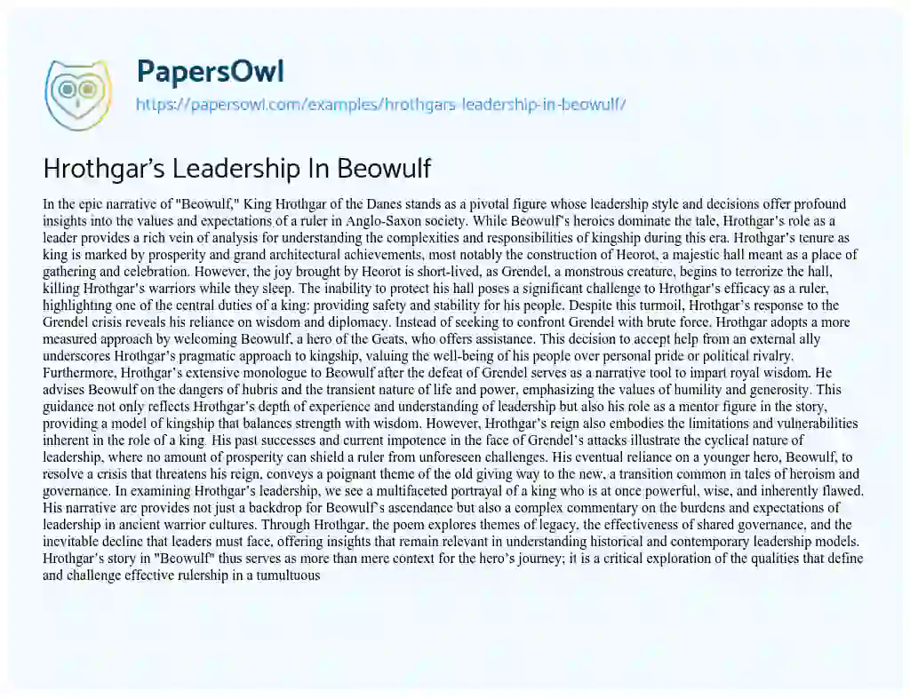Essay on Hrothgar’s Leadership in Beowulf