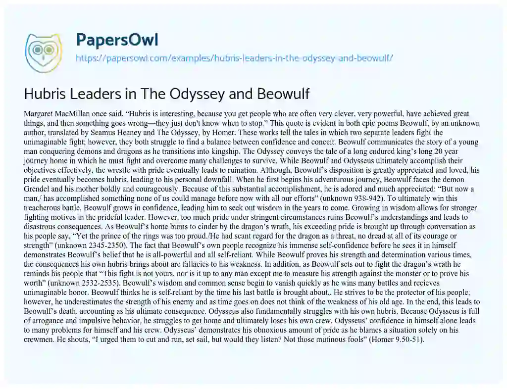 Essay on Hubris Leaders in the Odyssey and Beowulf
