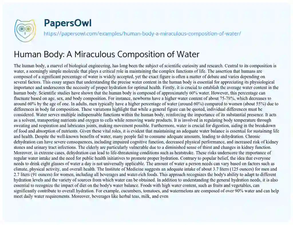 Essay on Human Body: a Miraculous Composition of Water