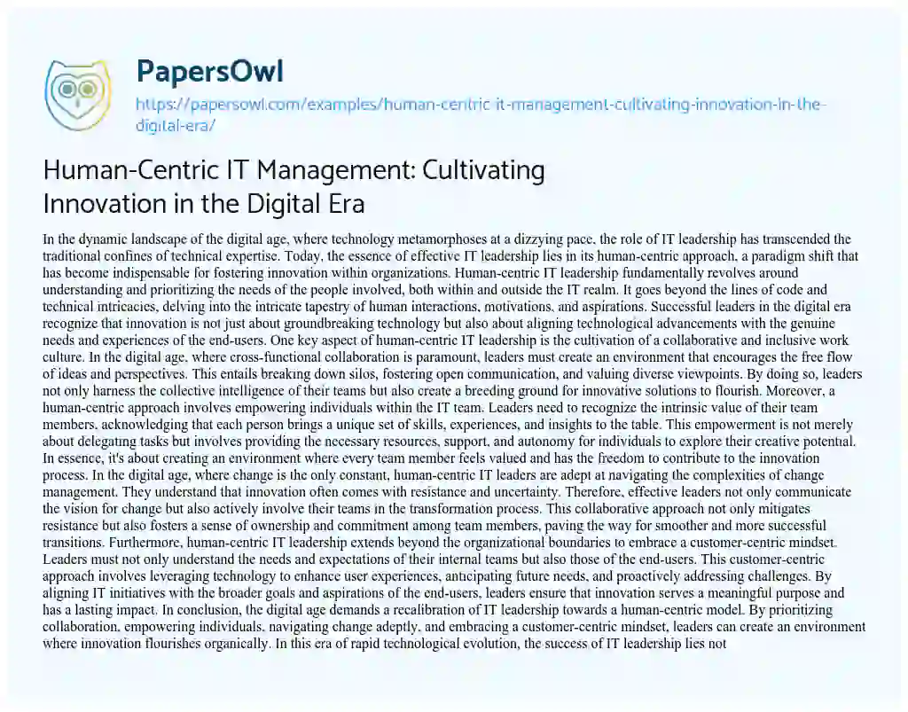 Essay on Human-Centric it Management: Cultivating Innovation in the Digital Era