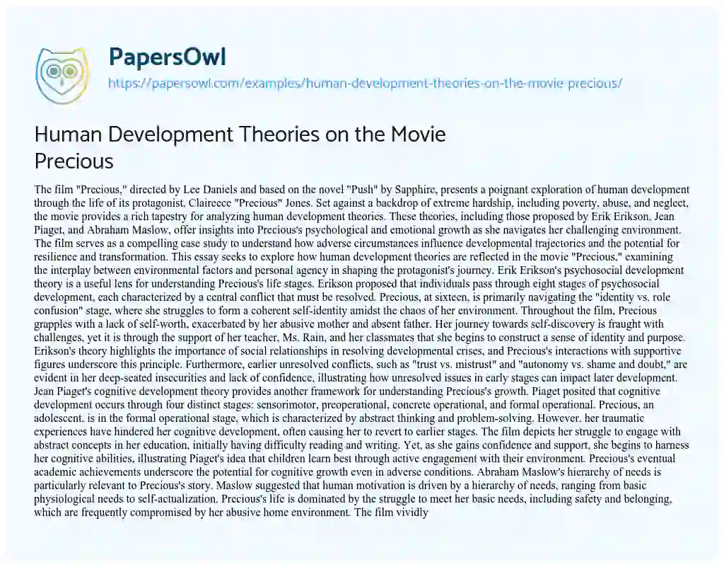 Essay on Human Development Theories on the Movie Precious