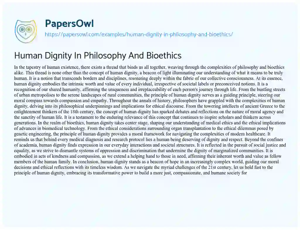 Essay on Human Dignity in Philosophy and Bioethics