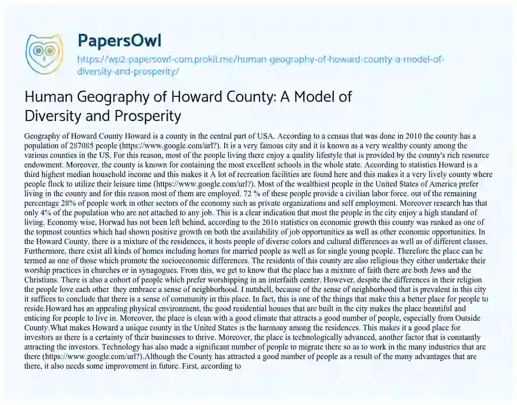 Essay on Human Geography of Howard County: a Model of Diversity and Prosperity