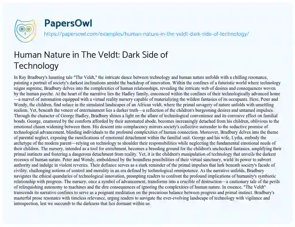 Essay on Human Nature in the Veldt: Dark Side of Technology