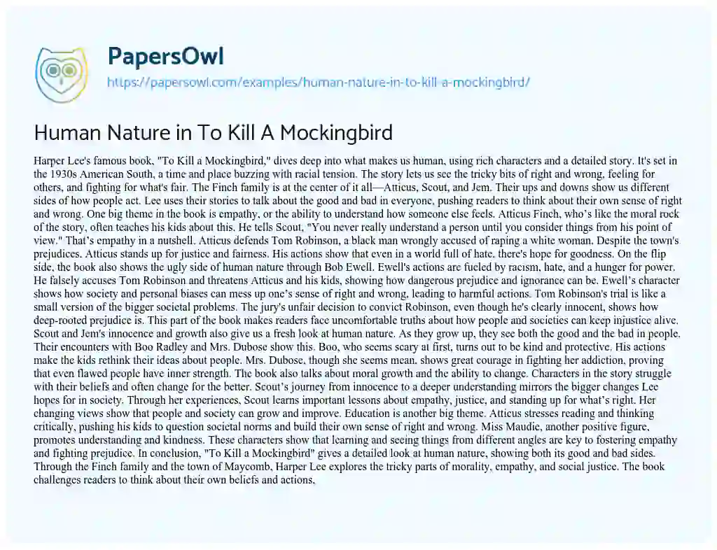 Essay on Human Nature in to Kill a Mockingbird