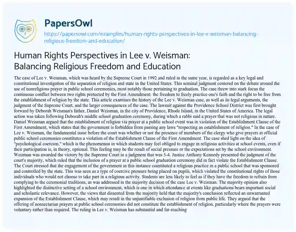 Essay on Human Rights Perspectives in Lee V. Weisman: Balancing Religious Freedom and Education