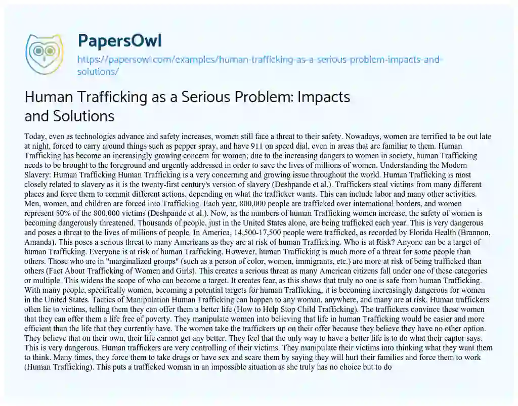 Essay on Human Trafficking as a Serious Problem: Impacts and Solutions