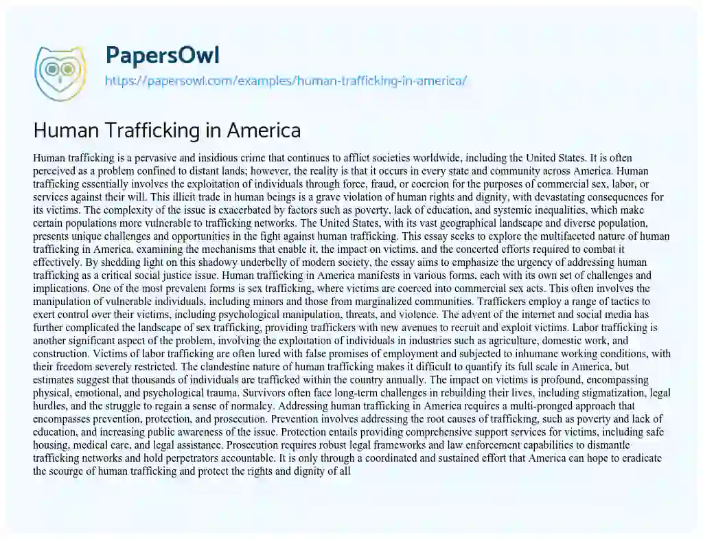 Essay on Human Trafficking in America
