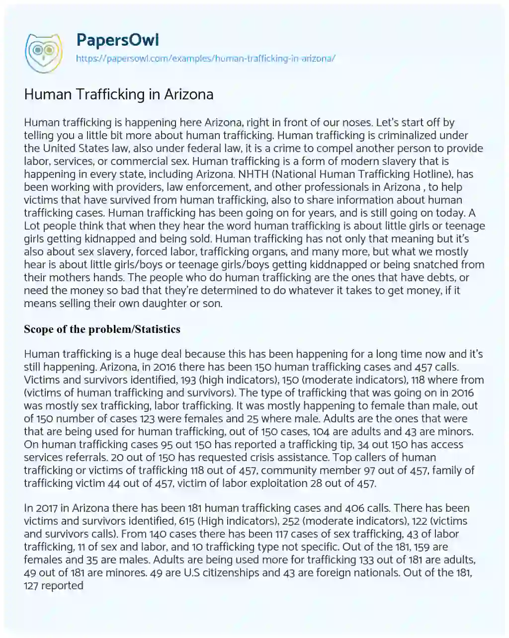 Essay on Human Trafficking in Arizona