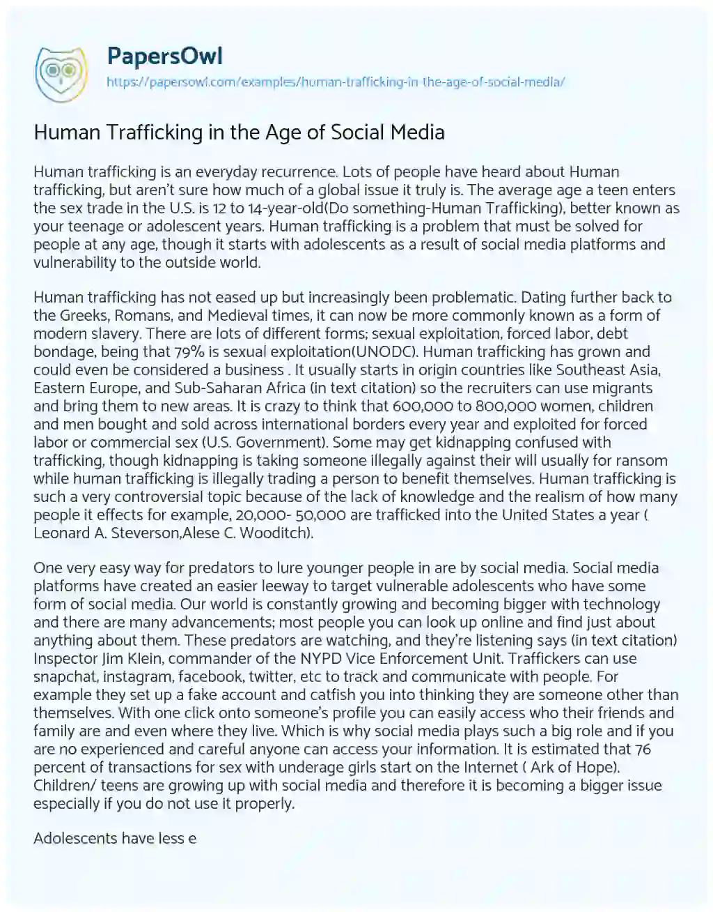Essay on Human Trafficking in the Age of Social Media