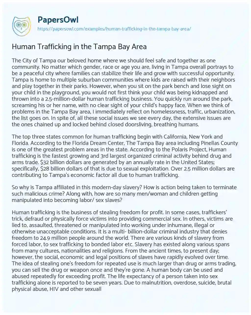 Essay on Human Trafficking in the Tampa Bay Area