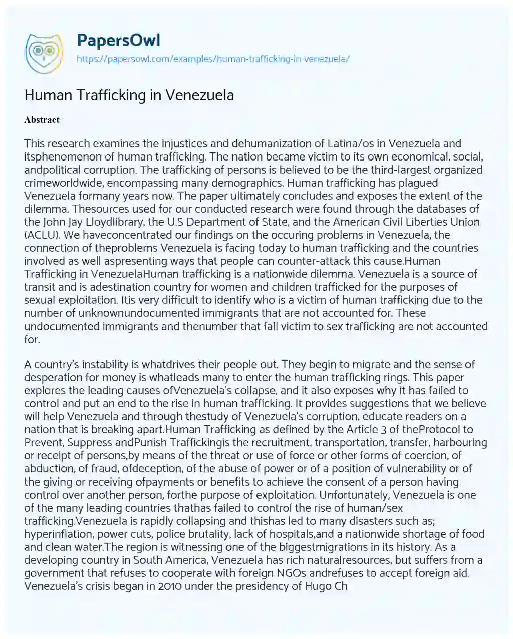 Essay on Human Trafficking in Venezuela