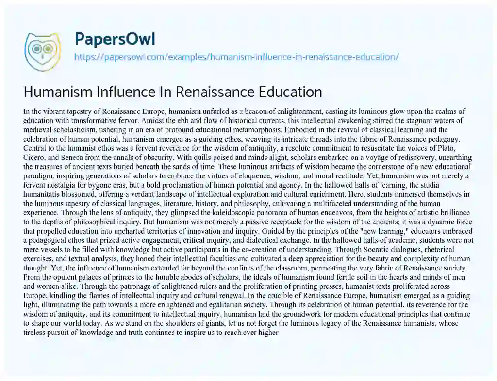 Essay on Humanism Influence In Renaissance Education